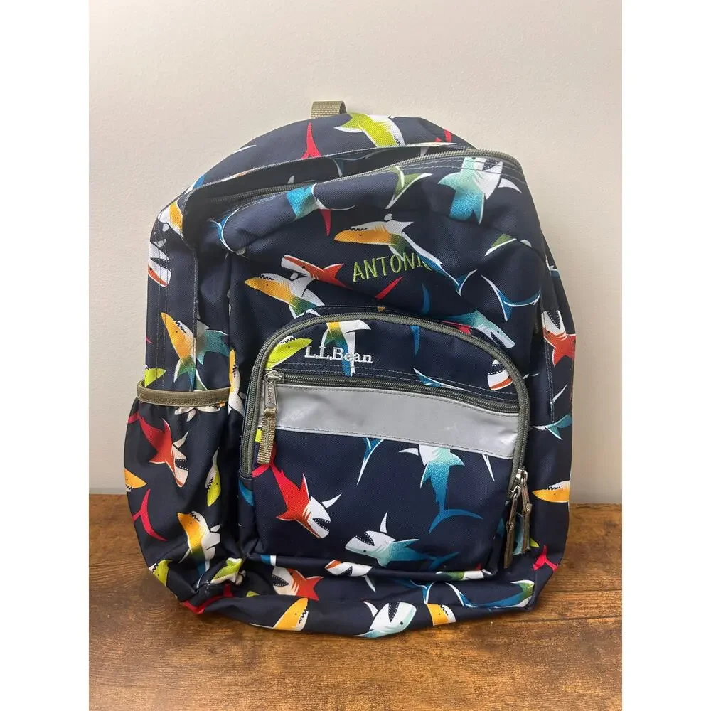L.L. Bean Kids Shark Print Backpack Navy Blue Personalized‎